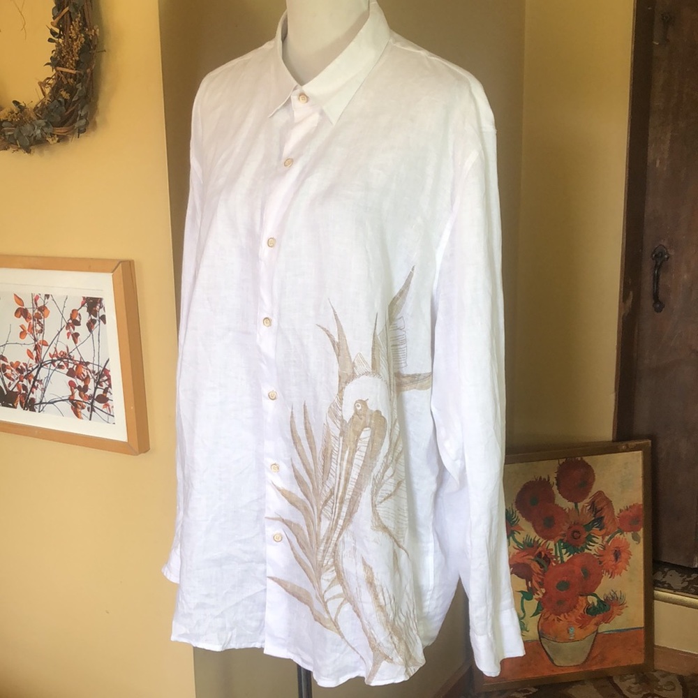 TASSO ELBA Size XXL 100% Linen Button Blouse Bird  Peacock Floral LagenLook NEW